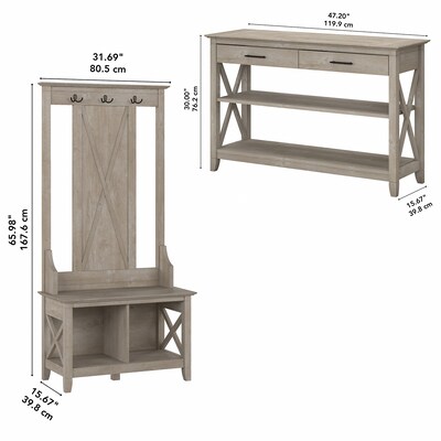 Bush Furniture Key West Entryway Storage Set with Hall Tree, Shoe Bench, and Console Table, Washed Gray (KWS056WG)