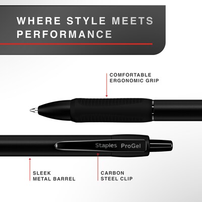 Staples ProGel Elite Retractable Metal Barrel Gel Pen, Fine Point, 0.7mm, Black Ink, 2/Pack (ST63291)