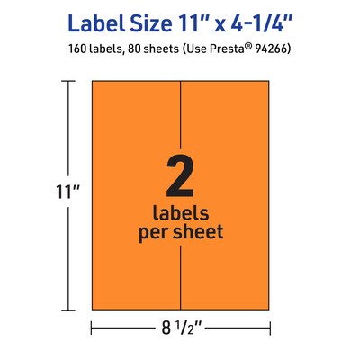 Avery Laser/Inkjet Multipurpose Rectangle Labels, 11" x 4.25", Bright Orange, 160/Box (94266)