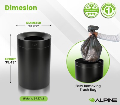 Alpine Industries Stainless Steel Trash Can, 50 Gallon, Black (ALP475-50-BLK)