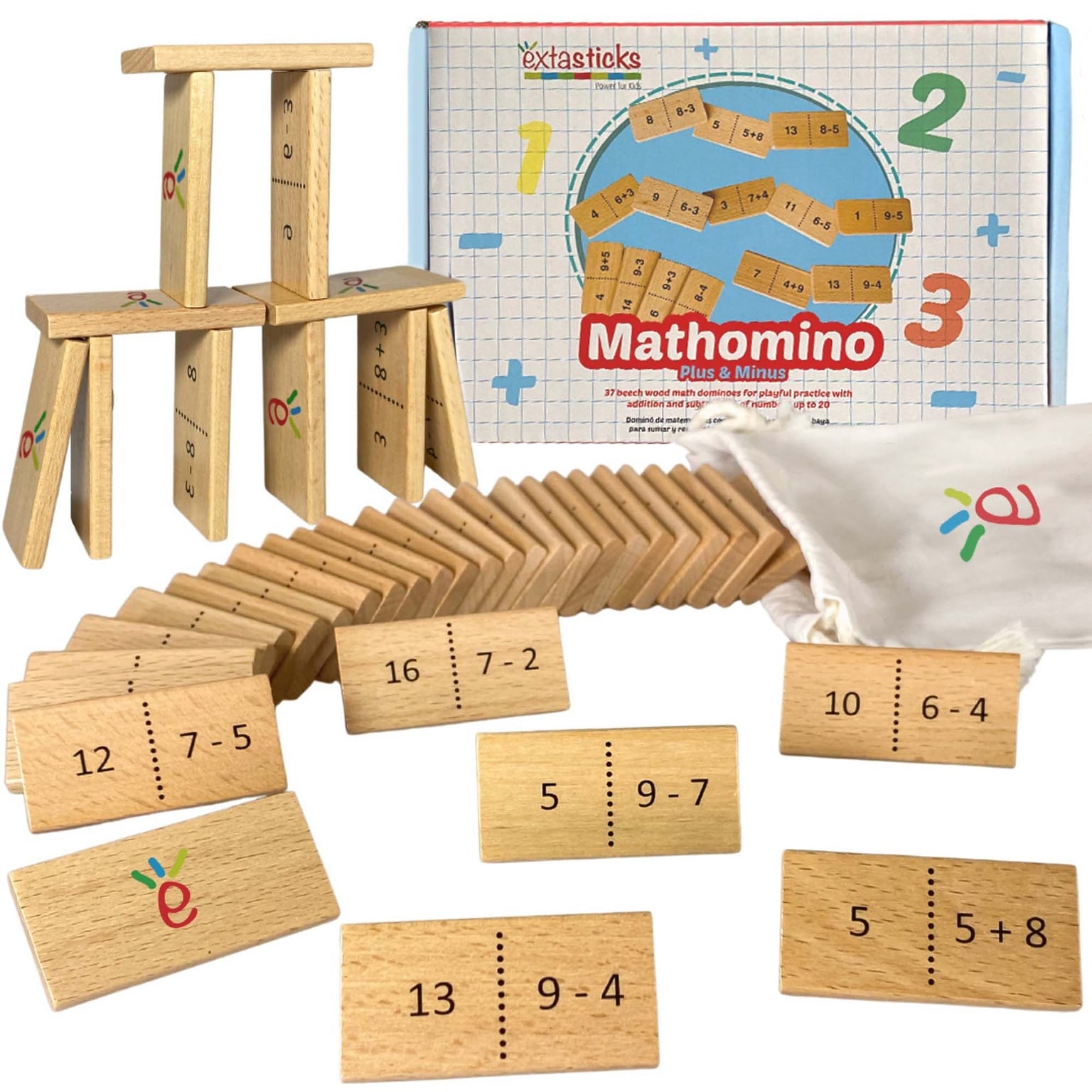 Extasticks Mathomino Plus & Minus up to 20 Addition & Subtraction Wooden Math Domino Game (EXAE3308)