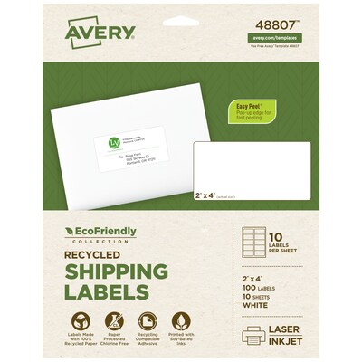 Avery EcoFriendly Laser/Inkjet Shipping Labels, 2 x 4, White, 100 Labels/Pack (48807)