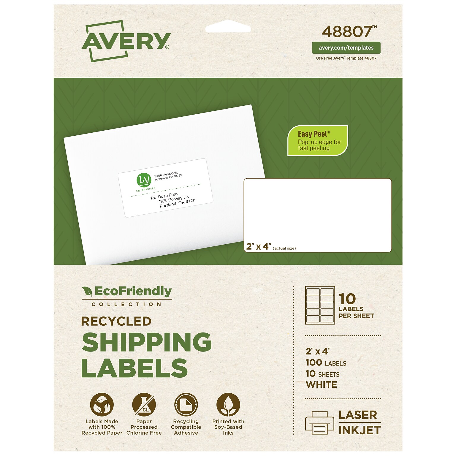 Avery EcoFriendly Laser/Inkjet Shipping Labels, 2 x 4, White, 100 Labels/Pack (48807)