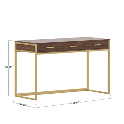 Martha Stewart Ollie 47"W Home Office Desk with 3 Drawers, Walnut/Polished Brass (ZGZP028BRGLD)