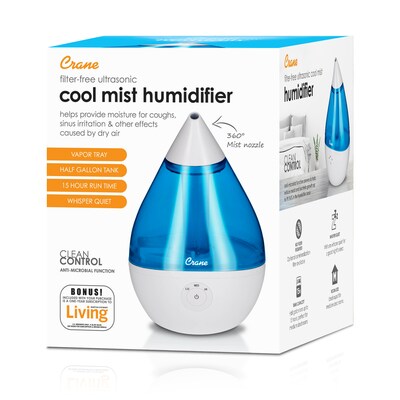 Crane Droplet Ultrasonic Cool Mist Tabletop Humidifier, 0.5-Gallon, Blue & White (EE-5302)