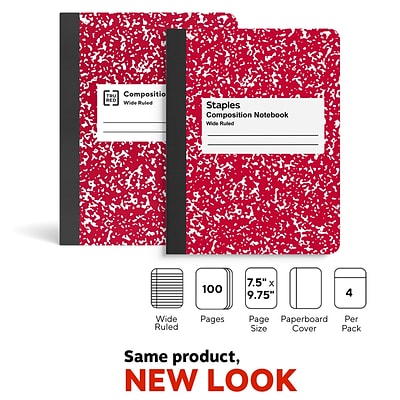 Staples® Composition Notebook, 7.5 x 9.75, Wide Ruled, 100 Sheets, Assorted Colors, 4/Pack (ST58368B)