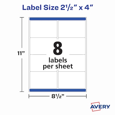 Avery TrueBlock Laser Shipping Labels, 2-1/2" x 4", White, 8 Labels/Sheet, 25 Sheets/Pack, 200 Labels/Pack (5816)