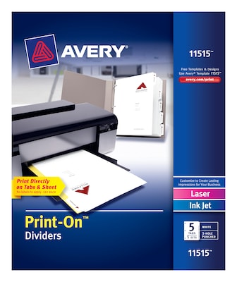 Avery Print-On Paper Dividers, 5 Tabs, White, 5 Sets/Pack (11515)