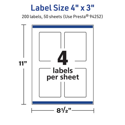 Avery TrueBlock Laser/Inkjet Rectangle Multipurpose Labels, 4" x 3", White, 200/Box (94252)