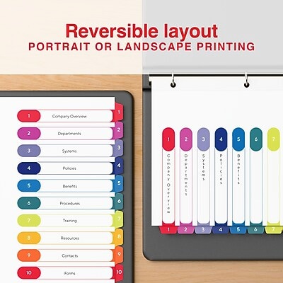 Staples Customizable Table of Contents Numeric Dividers, 10-Tabs, 24 Sets, Multicolor