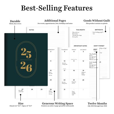 2025-2026 TF Publishing 6.5" x 8" Academic Year Monthly Planner, Paperboard Cover, Jade (AY26-4204)