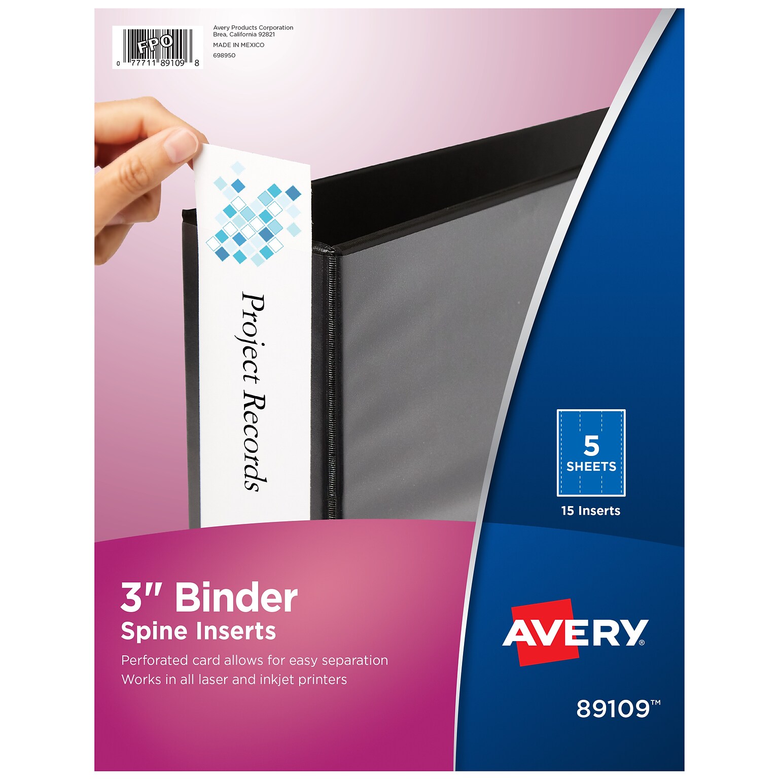 Avery Binder Spine Inserts, 3 Spine Width, White, 15/Pack (89109)