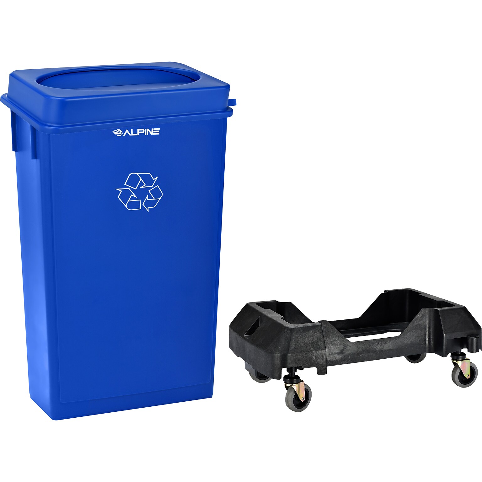 Alpine Industries Polypropylene Recycling Bin with Dolly, 23 Gallon, Blue (ALP477-BLU2-PKD)