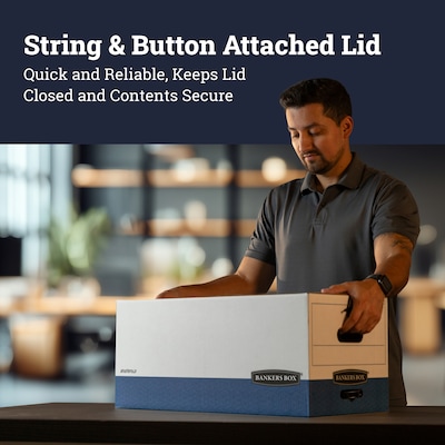 Bankers Box Liberty Heavy-Duty Corrugated File Storage Boxes, String & Button, Letter Size, White/Blue, 12/Carton (00011)
