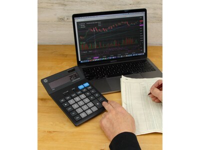 HP BC220 12-Digit Battery/Solar Powered Basic Calculator, Black/Gray (91075R)