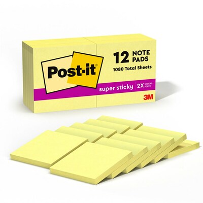 Post-it Super Sticky Notes, 3 x 3, Canary Collection, 90 Sheet/Pad, 12 Pads/Pack (65412SSCY)