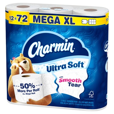 Charmin Ultra Soft Mega XL Toilet Paper, 2-Ply, White, 336 Sheets/Roll, 12 Rolls/Pack (08471)
