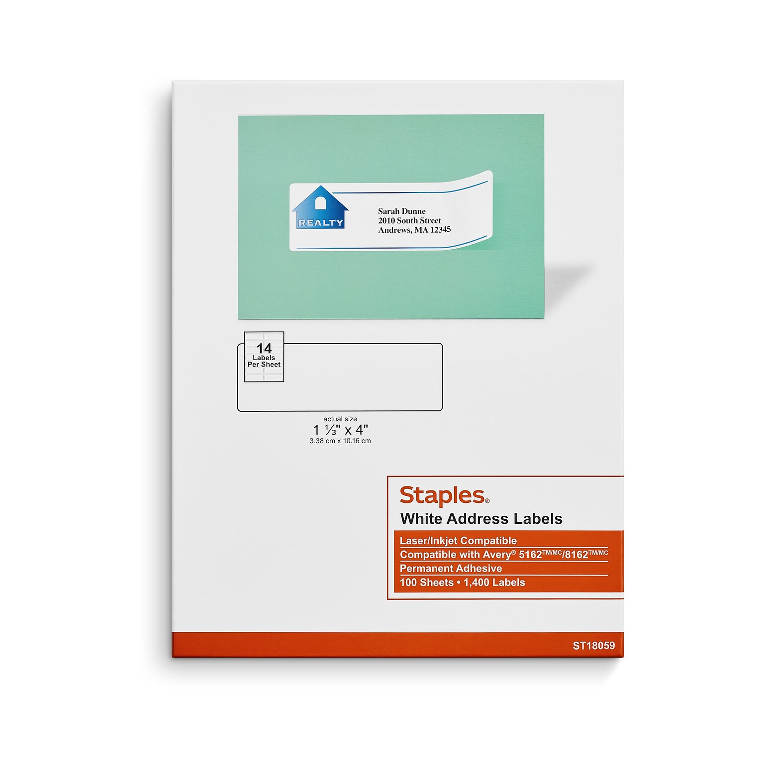 Staples® Laser/Inkjet Address Labels, 1 1/3 x 4, White, 14 Labels/Sheet, 100 Sheets/Pack, 1400 Sheets/Box (ST18059-CC)