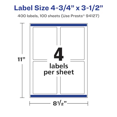 Avery Laser/Inkjet Rectangle Waterproof Multipurpose Labels, 3.5"  x 4.75", White, 400/Box (94127)