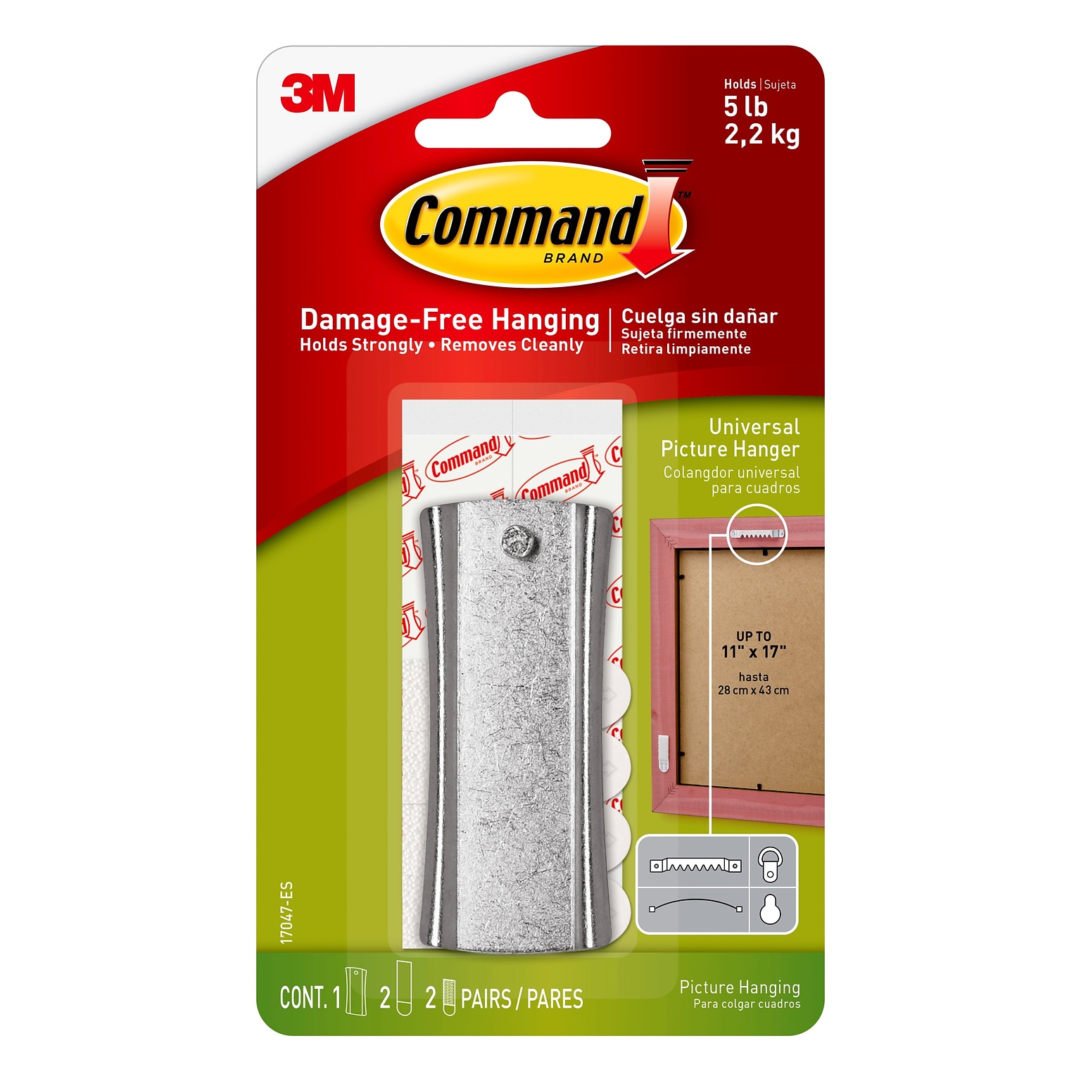 Command Large  Hanger w/ Stabilizer Strips, 5 lb., Silver (17047-ES)