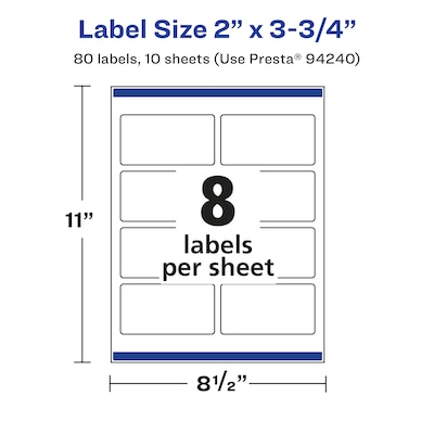 Avery Laser/Inkjet Rectangle Waterproof Multipurpose Labels, 3.75"  x 2", White, 80/Pack (94240)