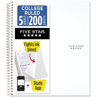 Five Star Five Star with Study App 5-Subject Subject Notebooks, College Ruled, 200 Sheets, White (820004B-ECM24)