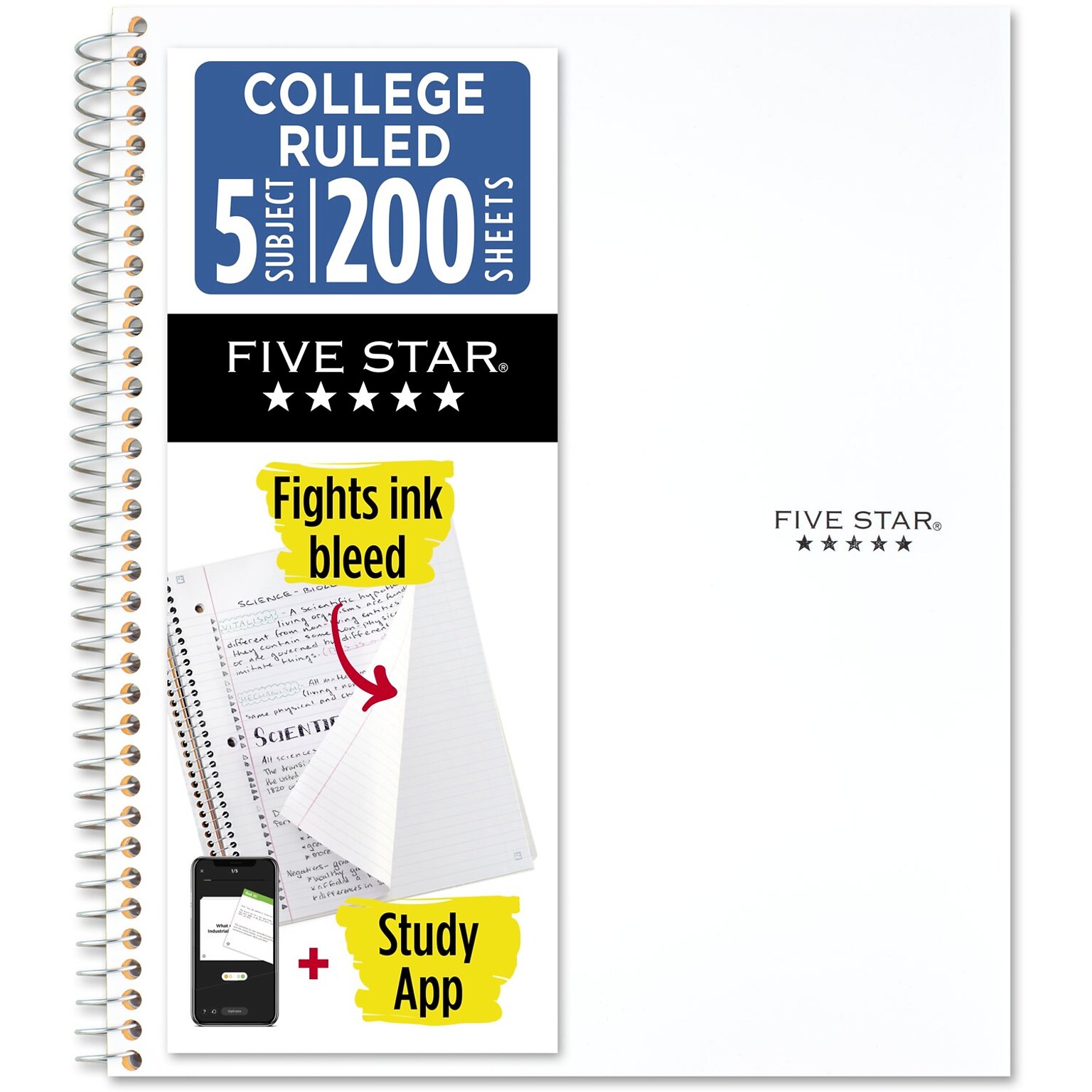 Five Star Five Star with Study App 5-Subject Subject Notebooks, College Ruled, 200 Sheets, White (820004B-ECM24)