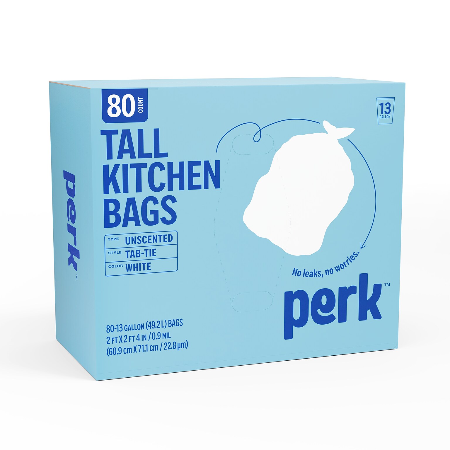 Perk™ 13 Gallon Kitchen Trash Bag, 28 x 24, Low Density, 0.9 mil, White, 80 Bags/Box (PK56749)