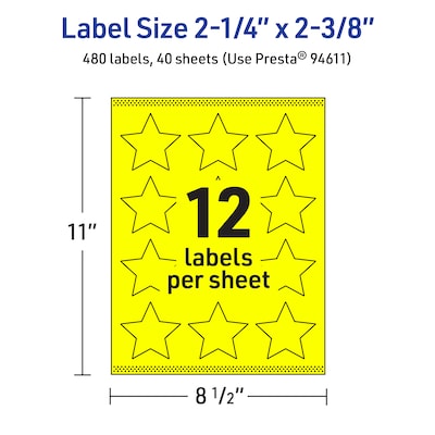 Avery Star Laser/Inkjet Multipurpose Labels, 2-1/4" x 2-3/8", Neon Yellow (480/Box)