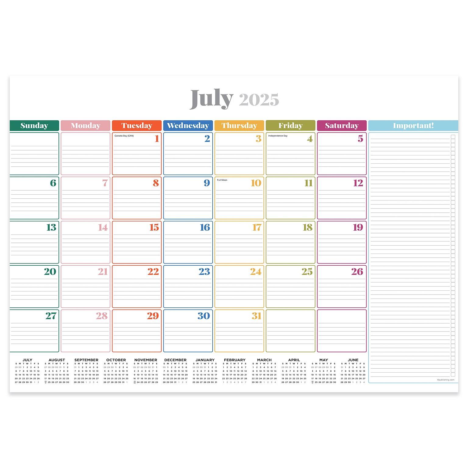 2025-2026 TF Publishing Rainbow Blocks 17 x 12 Academic Monthly Desk Pad Calendar (AY26-8504)