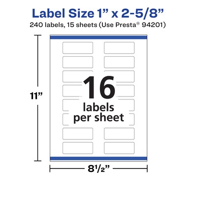 Avery Durable Removable Rectangle Multipurpose Labels, 1" x 2-5/8", White, 240/Pack (94201)