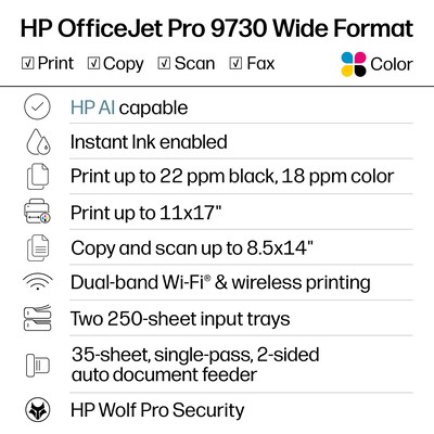 HP OfficeJet Pro 9730e Wide Format Wireless Color All-In-One Printer, 3 Months Free Ink, AI Enabled (537P6A)