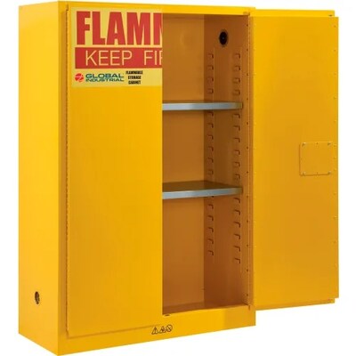 Global Industrial Flammable Cabinet, 45 Gallon Capacity, 43"W x 18"D x 65"H, Yellow (298541)