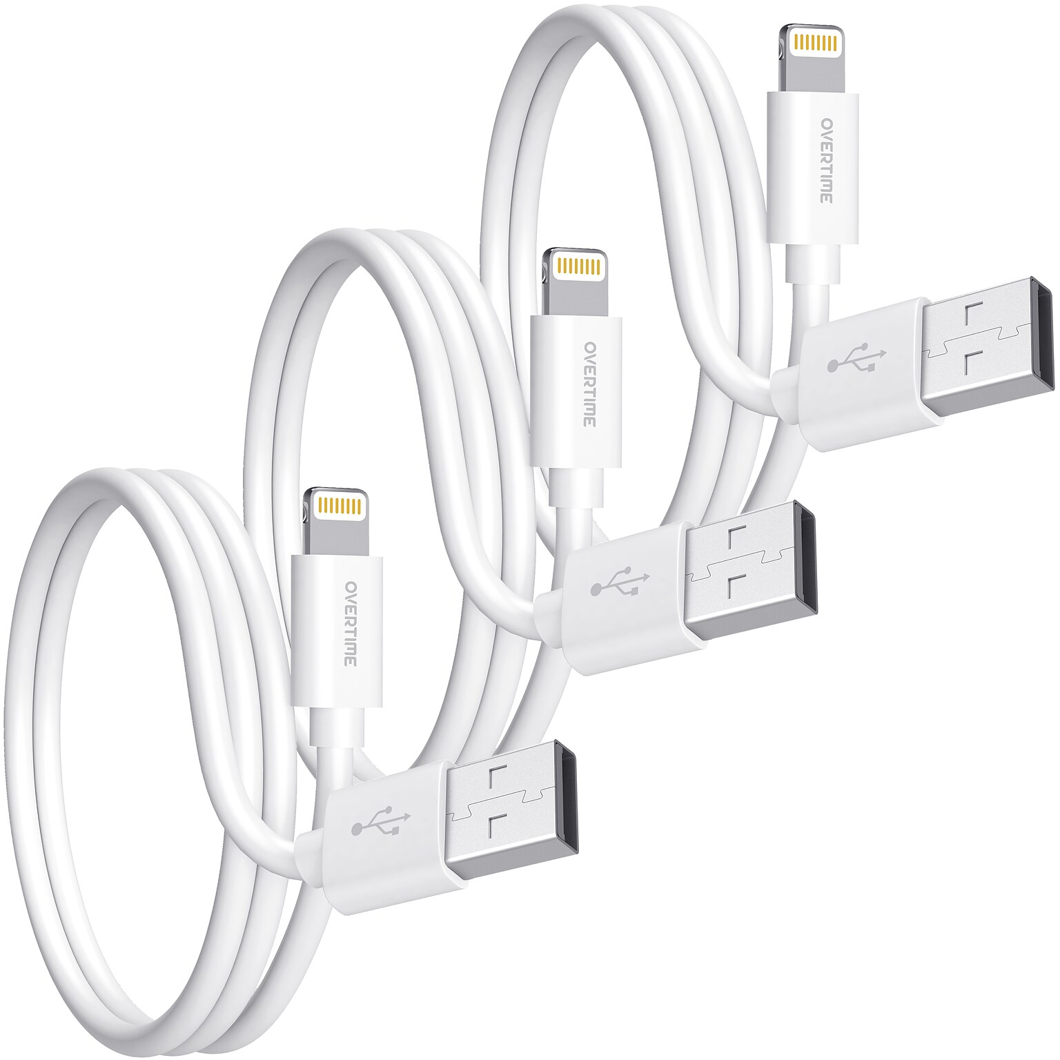 Overtime Apple MFi Certified Lighting USB 4 ft. Cable for iPhone/iPad/iPod Touch, White, 3/Pack (CE14541A)