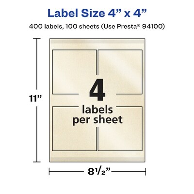 Avery Pearlized Ivory Square Multipurpose Labels, 4" x 4", Ivory, 400/Box (94100)