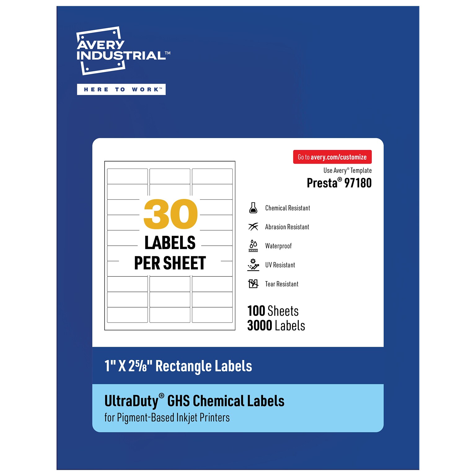 Avery UltraDuty Rectangle Multipurpose Labels, 1 x 2-5/8, White, 3000/Box (97180)