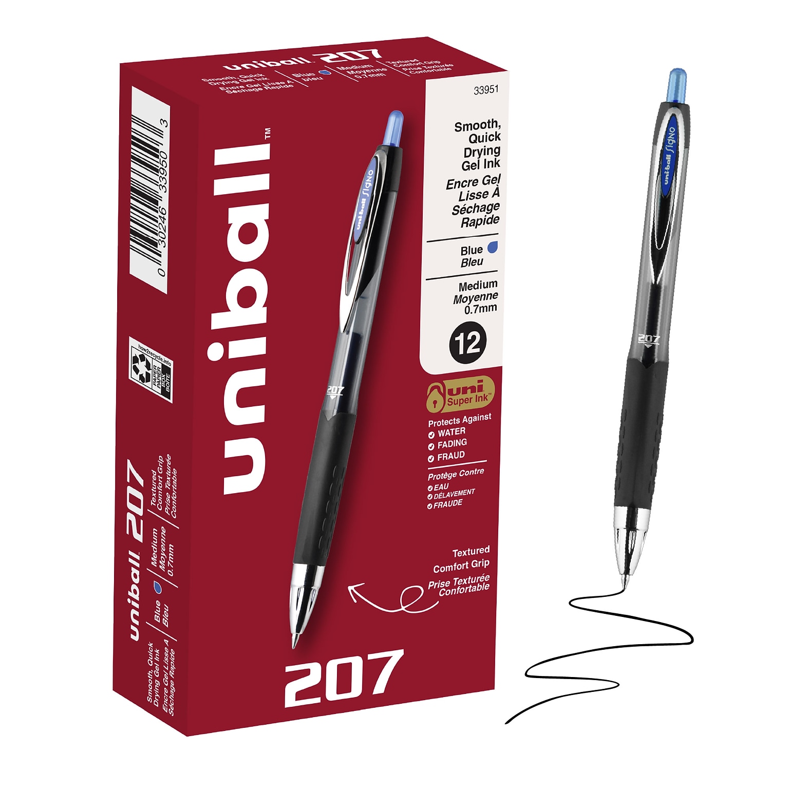 uniball 207 Retractable Gel Pens, Medium Point, 0.7mm, Blue Ink, Dozen (33951)