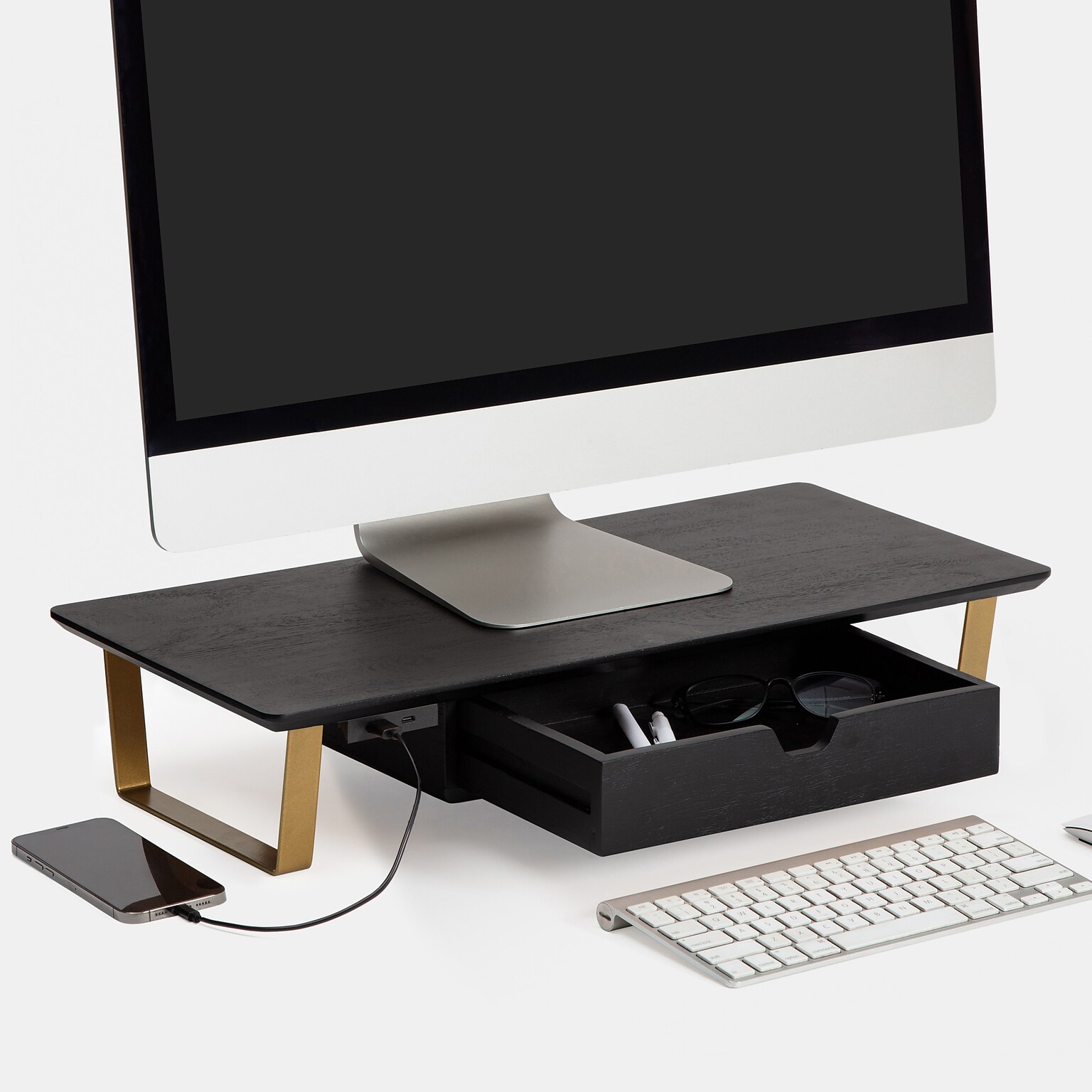 Anji Mountain Mango Wood & Metal Monitor Stand with Two USB Ports and Drawer, Black and Gold (MS-BLK-06GLD-PD)
