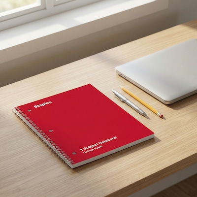 Staples 1-Subject Notebook, 8" x 10.5", College Ruled, 70 Sheets, Red (ST27503C)