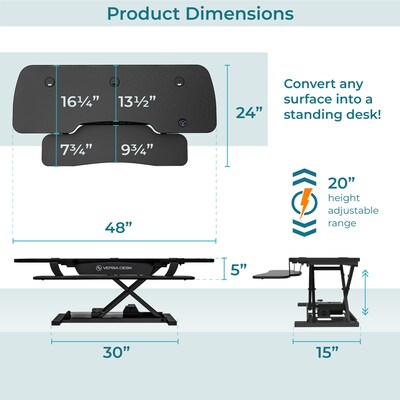 VersaDesk PowerPro 48"W Electric Adjustable Standing Desk Converter, Black (SP7644824-00-01)