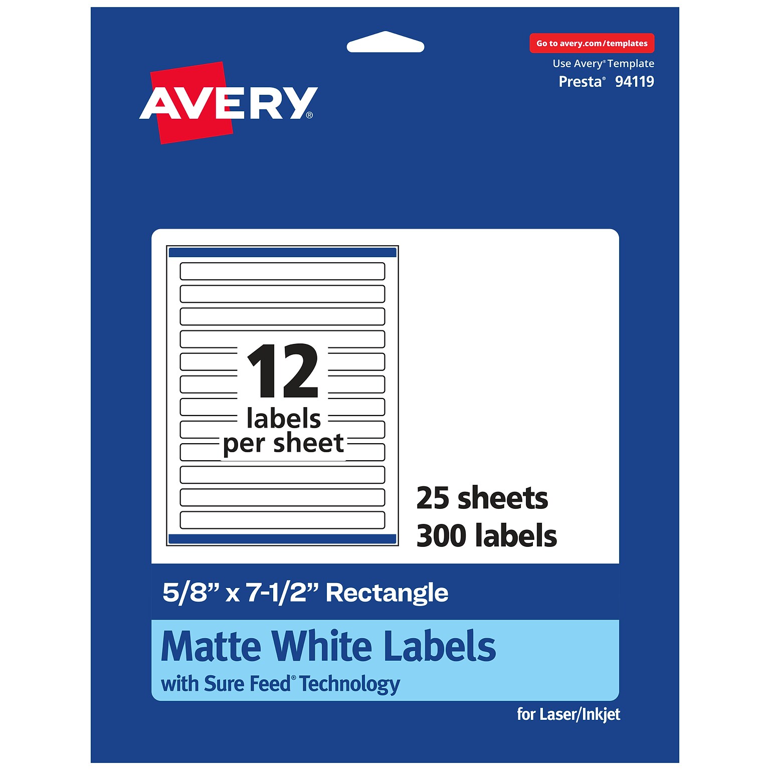 Avery Laser/Inkjet Multipurpose Labels, White, 12 Labels/Sheet, 25 Sheets/Pack (94119-WMP25)