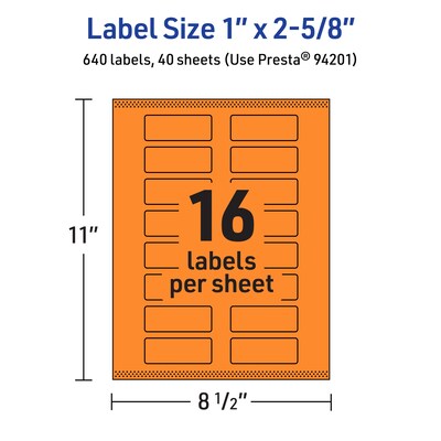 Avery Rectangle Multipurpose Labels, 1" x 2-5/8", Bright Orange, 640/Pack (94201)