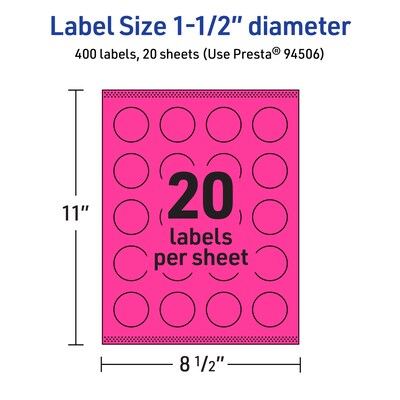 Avery Laser/Inkjet Round Multipurpose Labels, 1.5" Dia., Neon Magenta, 400/Pack (94506)