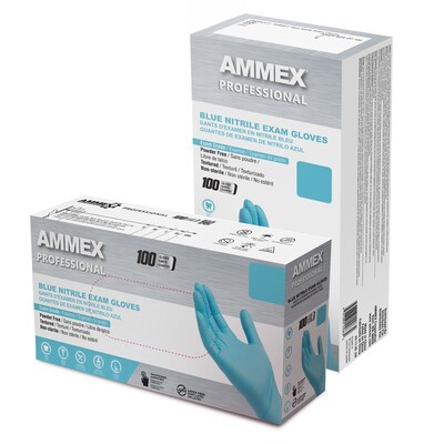 Ammex Professional Series Powder Free Nitrile Exam Gloves, Latex Free, XS, Blue, 100 Gloves/Box (APFN40100)