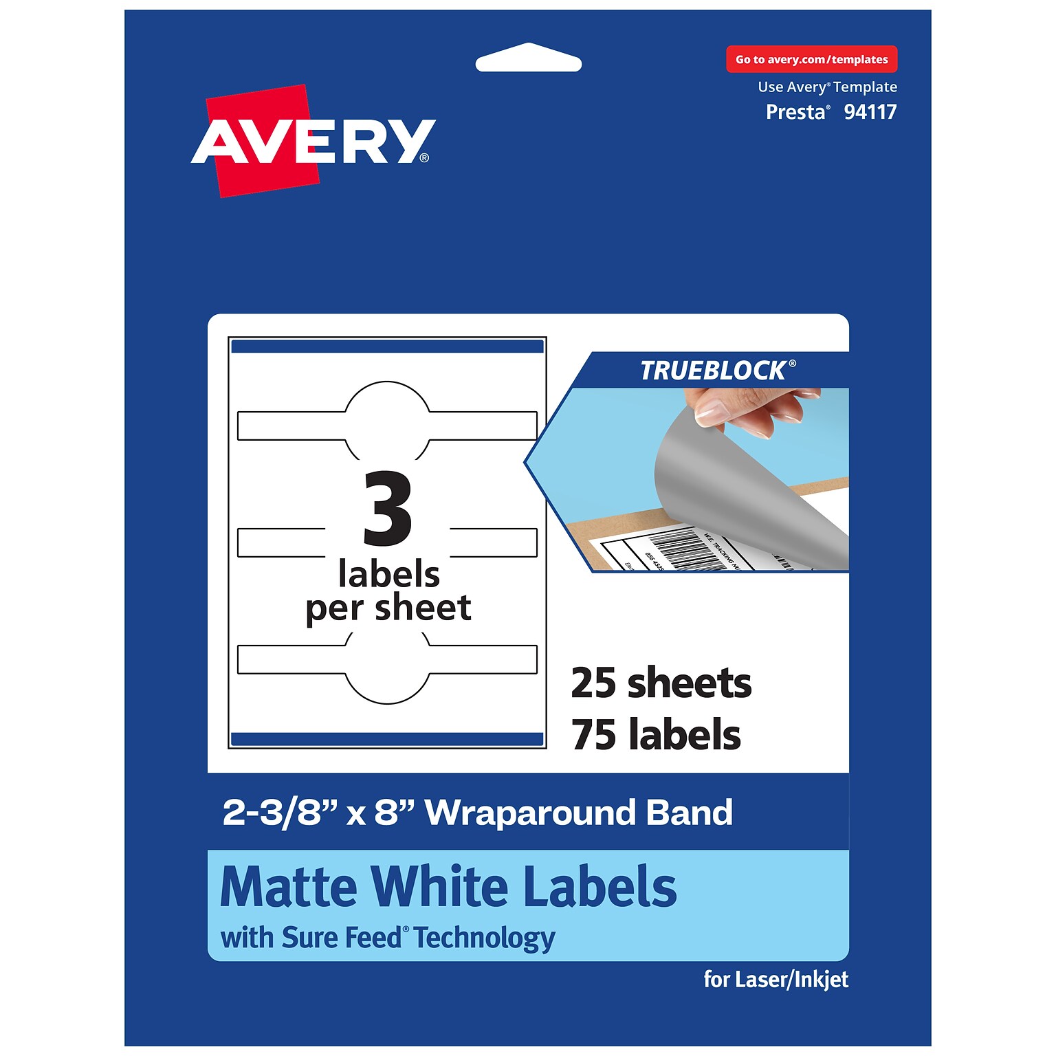 Avery TrueBlock Laser/Inkjet Decorative Edge Multipurpose Labels, 2-3/8 x 8, White, 75/Pack (94117)
