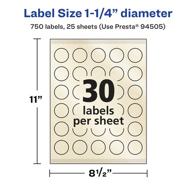 Avery Laser/Inkjet Round Multipurpose Labels, 1.25" Dia., Ivory, 750 Labels/Pack (94505)