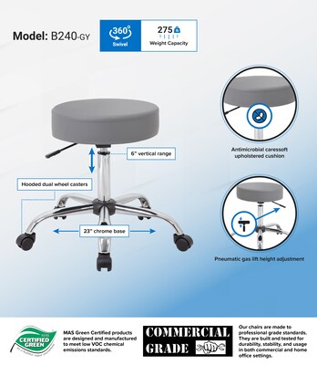 Boss Caressoft Armless Medical Stool, Gray (B240-GY)