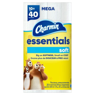 Charmin Essentials Soft Toilet Paper, 2-Ply, White, 330 Sheets/Roll, 10 Rolls/Pack, 3 Packs/Carton (