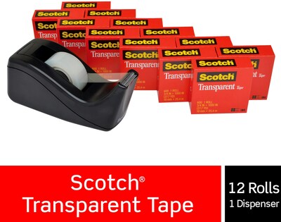 Scotch Transparent Clear Tape Refill, 0.75" x 27.77 yds., 1" Core, Clear, 12 Rolls/Pack (600K-C60)