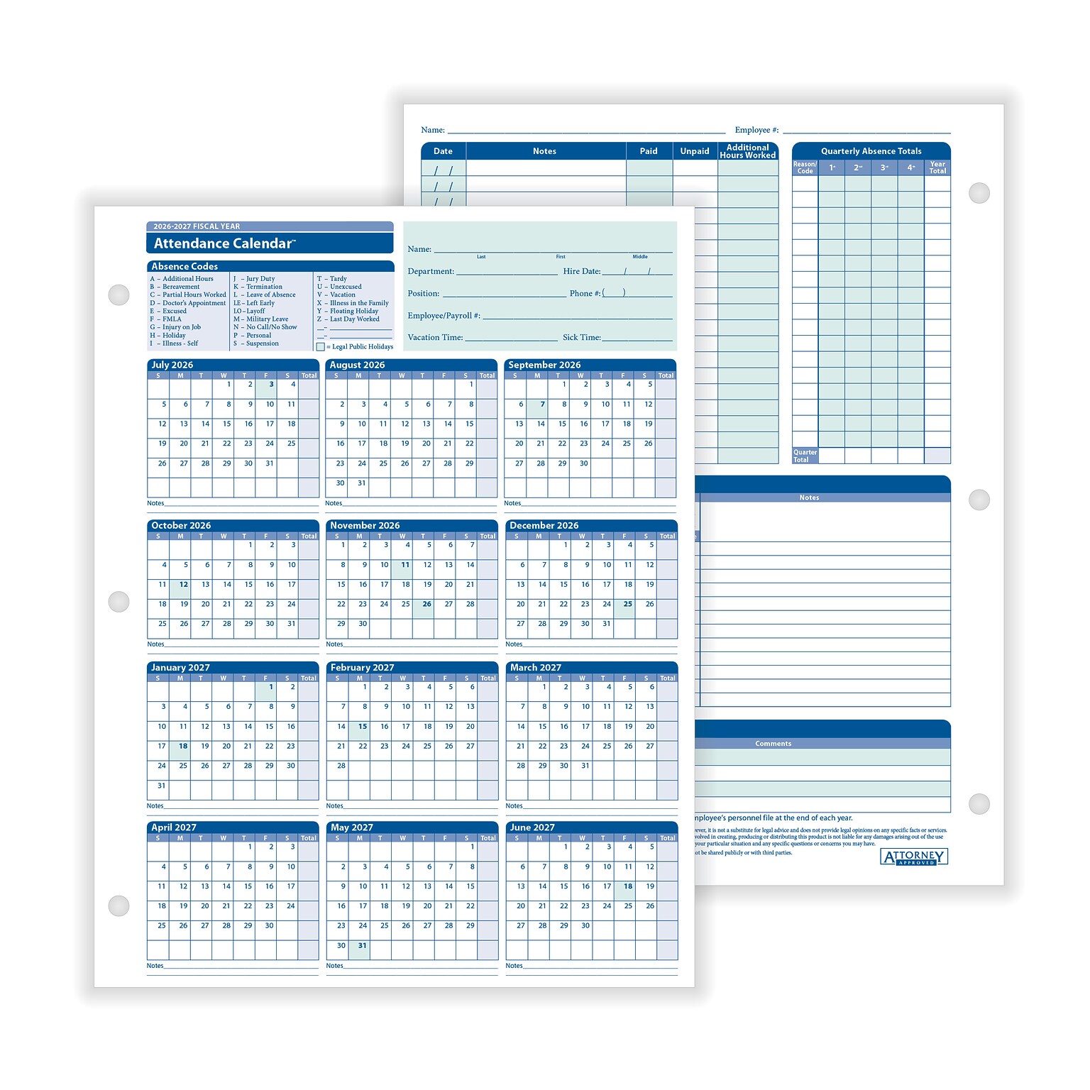 ComplyRight 2026-2027 Fiscal Year Attendance Calendar Cards, 50/Pack (A42005015)